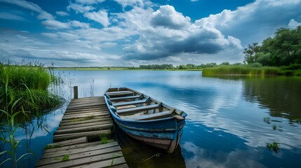Obraz premium Old wooden row boat on the lake