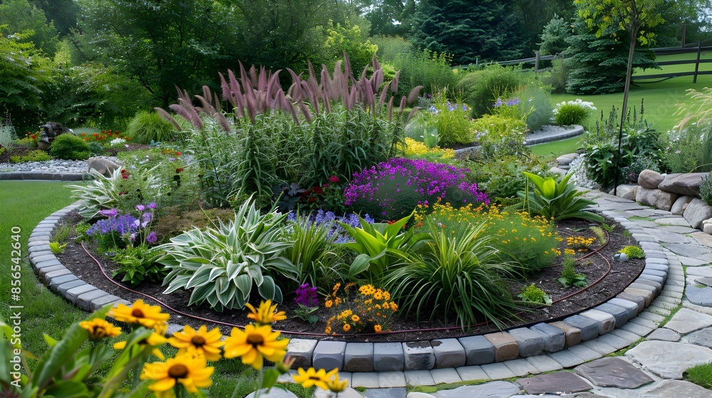 Poster landscape design with round flower beds planted img