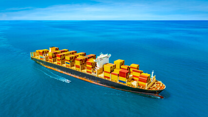 Aerial view of the freight shipping transport system cargo ship container. international...