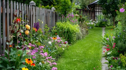 Mixborders with flowering shrubs and perennials plante img