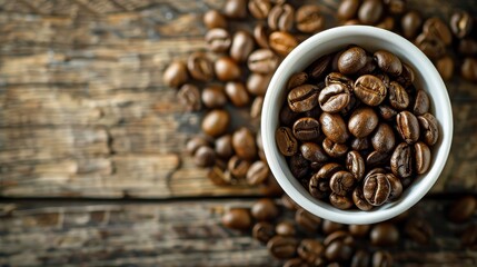 Fototapeta premium Roasted coffee beans in white cup on wooden background as a potential backdrop