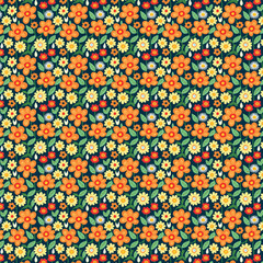 Repeating pattern of a flower design, orange and yellow . The design includes a variety of flowers and leaves, creating a harmonious and vibrant visual effect.