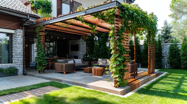 Modern landscape with wooden pergolas decorated picture