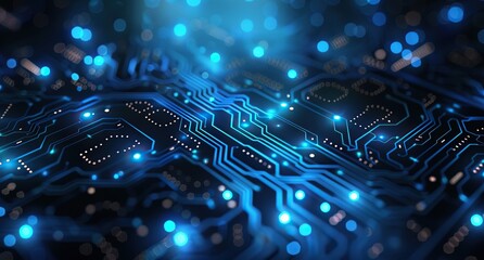 Abstract Blue Circuit Board with Glowing Lights