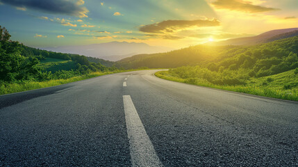 Asphalt highway road and green mountain with sky clouds at sunrise.