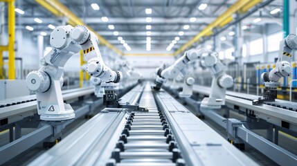 Automated assembly line with robotic arms in a manufacturing plant