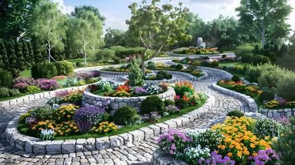 Landscape relief with stone terraces planted image