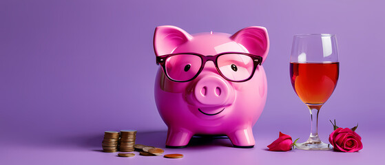 Obraz premium Purple piggy bank with glasses and rose nearby