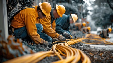 A team of technicians installing fiber optic cables in a suburban neighborhood, enhancing wireless telecommunications infrastructure