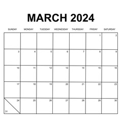 march 2024. monthly calendar design. week starts on sunday. printable, simple, and clean vector design isolated on white background.