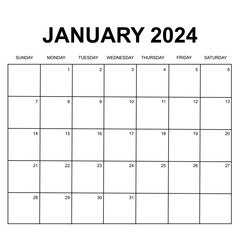 january 2024. monthly calendar design. week starts on sunday. printable, simple, and clean vector design isolated on white background.