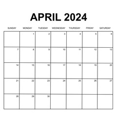 april 2024. monthly calendar design. week starts on sunday. printable, simple, and clean vector design isolated on white background.