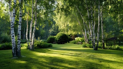 Obraz premium A garden of trees with tall birches picture