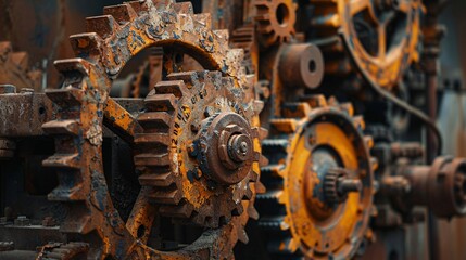 Rusty gears and cogs of old industrial machinery in an abandoned factory