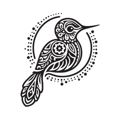 Black silhouette style bird for coloring book design, mandala design with white background, kdp