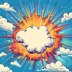 Vivid comic-style burst with a central speech bubble, colorful clouds, and explosive lines, perfect for creating engaging, visually striking content