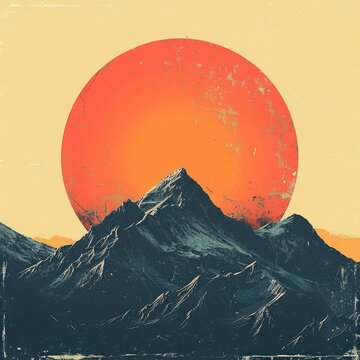 Surreal mountain landscape with a large sun in the background, illustrated in a retro color palette, perfect for nostalgic themes