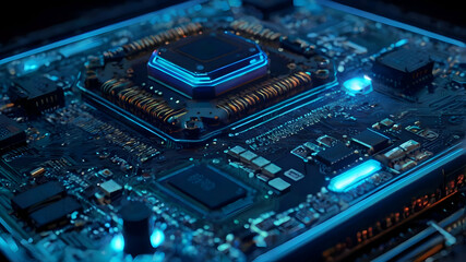 Fototapeta premium Detailed image of a microchip on a circuit board with blue lighting. Made By AI 