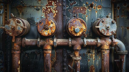 Old steam boiler with corroded and rusted pipes