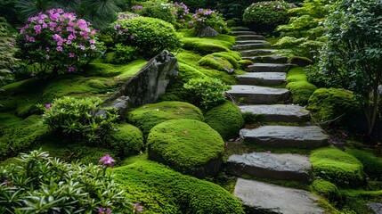 A moss garden with rock slides covered picture
