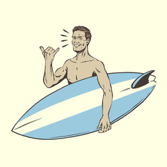 Hand Drawn Man Pose with Surfboard in vintage style