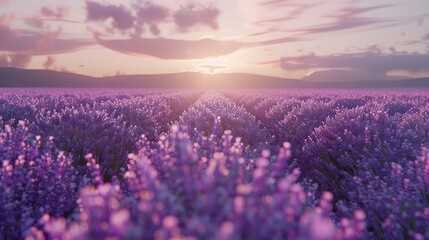 Fototapeta premium Scenic view of a lavender field at dusk, calming purple hues, soft light, tranquil mood, high resolution, photo-realistic