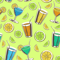 Tropical Cocktail Seamless Pattern with Lemon Illustration