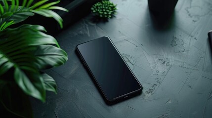 Top view of modern workspace with laptop, smartphone and plant on dark table