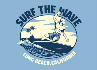 Vintage Shirt Design of Man Surf the Wave Hand Drawn Illustration