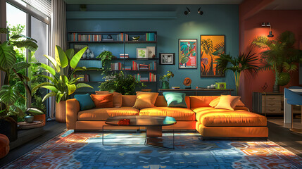 Eclectic Living Room Accessories Selection: A 3D illustration featuring an eclectic living room with a curated selection of accessories