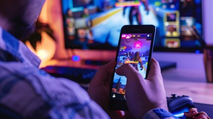 Gamer Playing Mobile Game on Phone with Monitor in Background.Social media or technology concept.