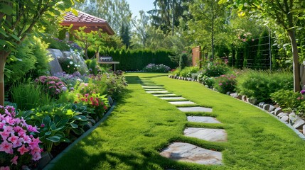 A trimmed lawn with colored stones picture