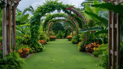 Naklejka premium Tropical garden with ferns and vines twining