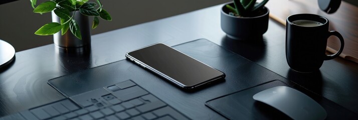 Top view of modern workspace with laptop, smartphone and plant on dark table