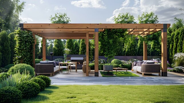 High-tech landscape with wooden pergolas decorated picture