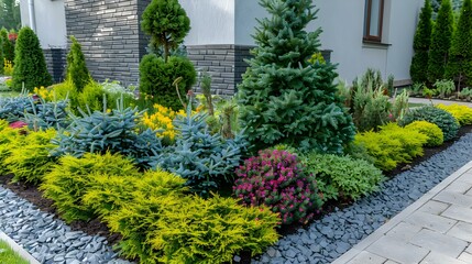 Fototapeta premium Coniferous plants with decorative spruce trees planted img