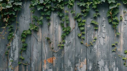 Ancient wooden wall covered with climbing plants on gray background