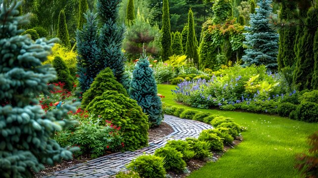 Conifers with miniature spruce trees planted along image