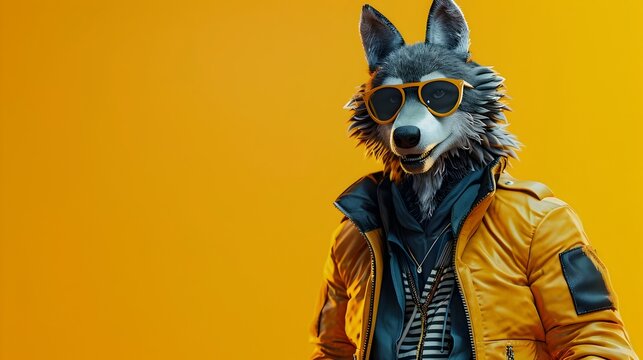Anthropomorphic Wolf Man in Street Wear Outfit on Yellow Background