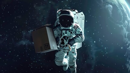 Astronaut with cardboard box delivery in space. Generative AI
