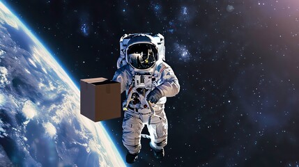 Astronaut with cardboard box delivery in space. Generative AI
