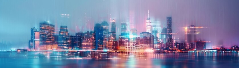 Obraz premium Urban Pulse: Blurred Cityscape with Glitch Aesthetic Showcasing Vibrant Metropolitan Life
