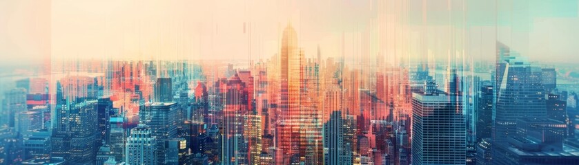 Obraz premium Digital Glitch Cityscape: Abstract Depiction of Urban Energy and Vibrancy