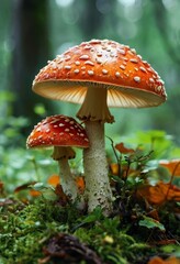 Fototapeta premium Close-up of a fly mushroom in the forest. Amanita. Banner, poster, background. Macro. Close up