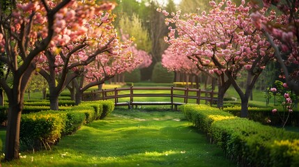 Naklejka premium An orchard with flowering peach trees green image
