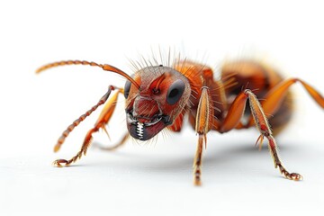 Detailed illustration of a fearsome Fire Ant, showcasing its two mandibles, two antennae, and six legs, against a stark white backdrop.