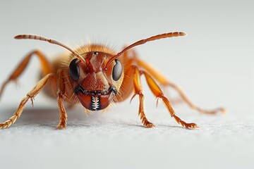 Detailed illustration of a fearsome Fire Ant, showcasing its two mandibles, two antennae, and six legs, against a stark white backdrop.
