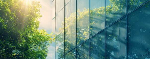 A modern corporate building with a glass facade reflects the surrounding green trees, symbolizing the ESG commitment to integrating sustainability into business practices. This minimalistic