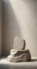 Abstract Stone Plate Podium: Empty Floor Platform with Broken Rock Stage Stand and Blank Rock Display for Cosmetic Product Showcase
