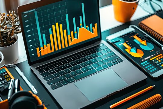 Laptop with financial graphs and charts on a desk, showcasing data analysis, modern technology, and business productivity tools.
